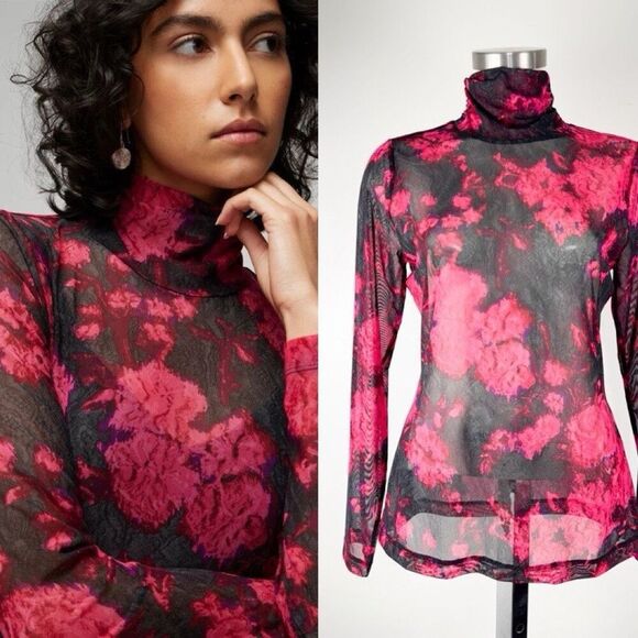 White House Black Market Pink Black LS Mesh Turtleneck Size Small Sheer - Picture 1 of 8